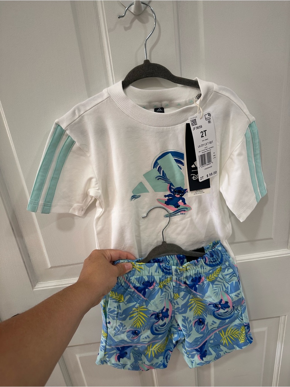 adidas White Tee with Mint Stripes & Blue Tropical Shorts Set